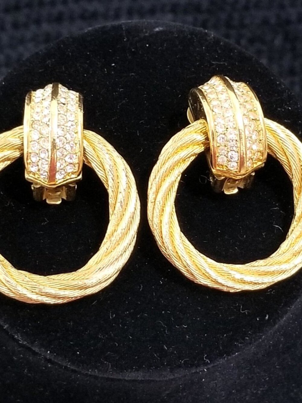 Vtg Christian DIOR Couture Gold Rhinestone Hoop Clip on Earrings Pave Knocker